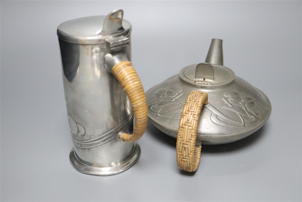 A Libertys Tudric four piece pewter tea set, shape no.0231 - the jug shape no.0281, 19cm